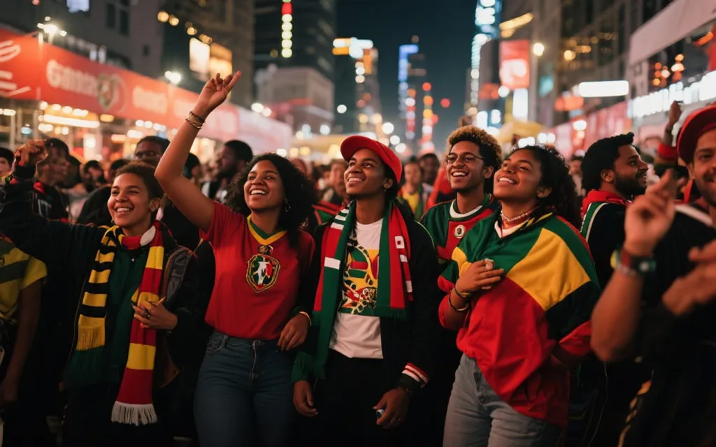 多元人群在城市观赛区共同庆祝的世界杯氛围图