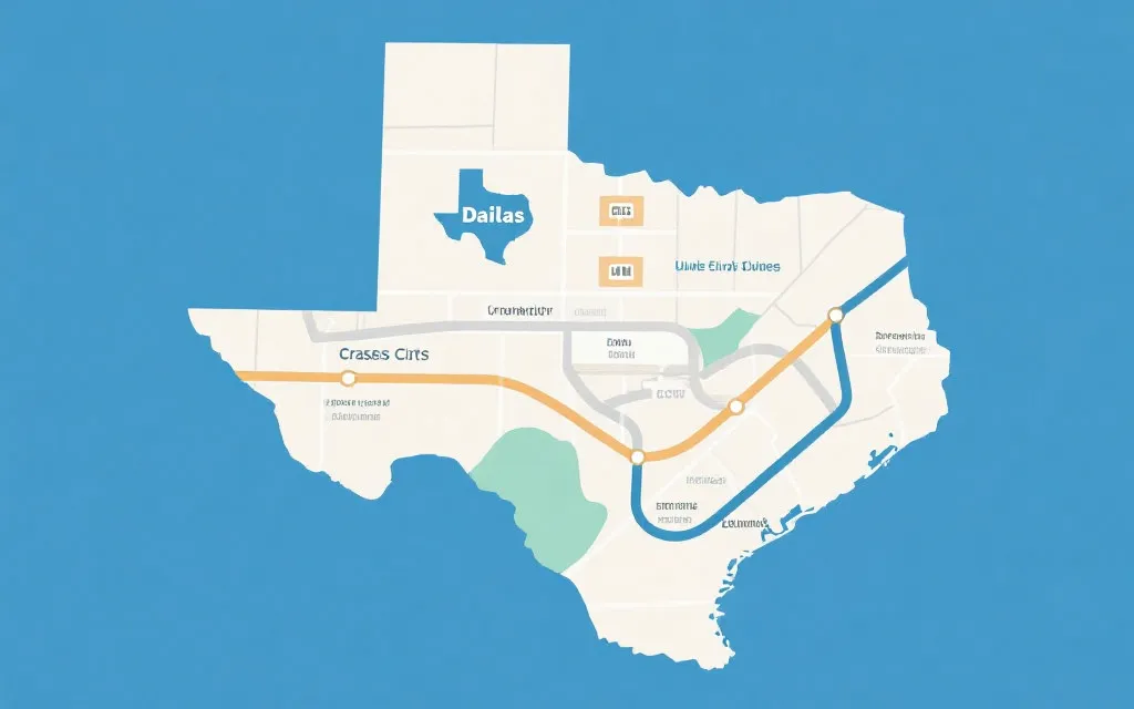 简洁的美国公路与跨城旅行地图风格插画，体现达拉斯为中心的观赛动线