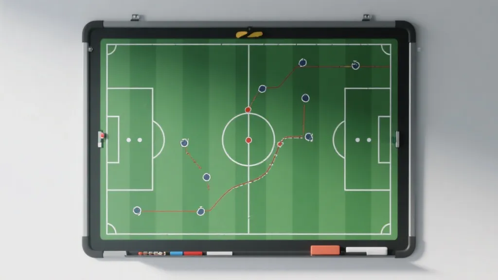 战术板与球场俯视图，标注跑位线路与定位球设计