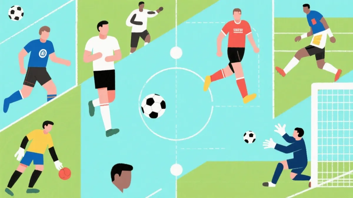 世界杯战术风格对比插画：控球、反击、定位球、门将神扑等元素拼贴