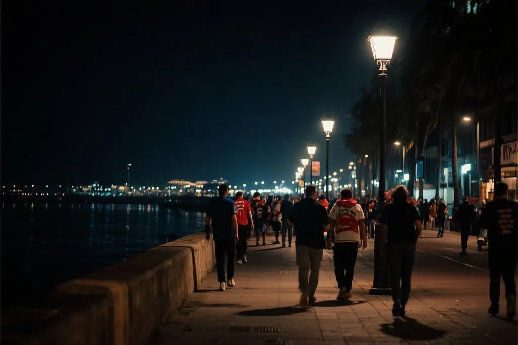 夜晚球迷在城市街头步行，路灯与远处海港夜景，氛围感强