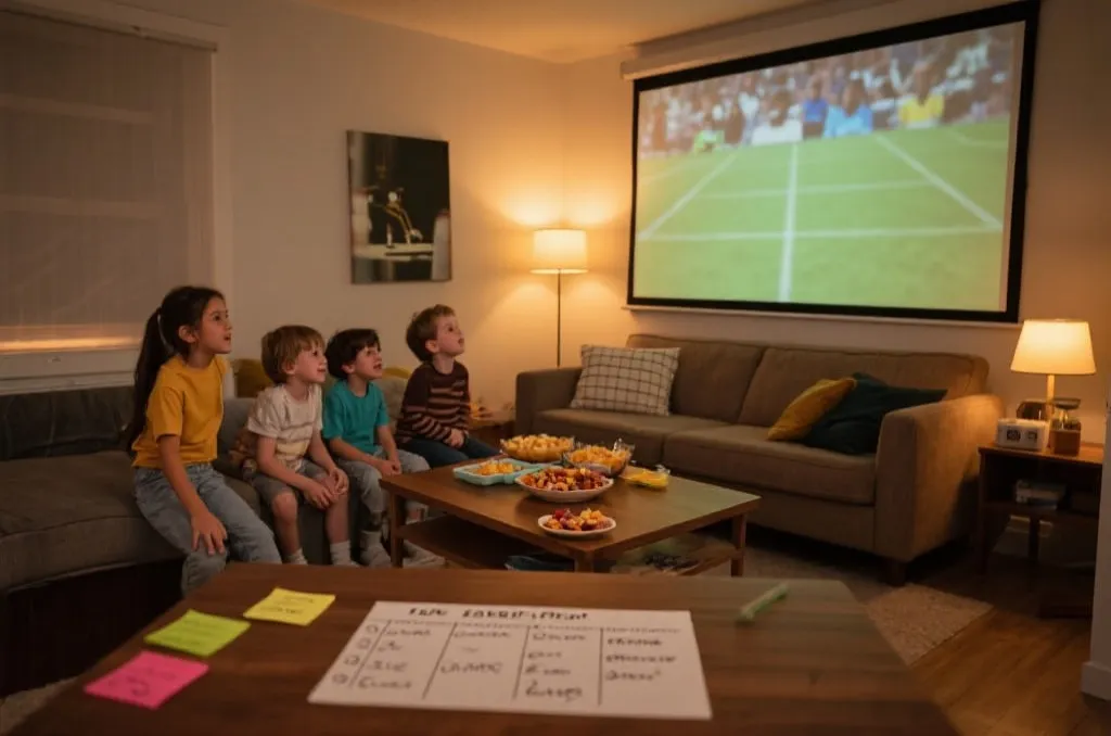 朋友小型观赛趴，投影幕布、零食与日程便签，温暖室内灯光